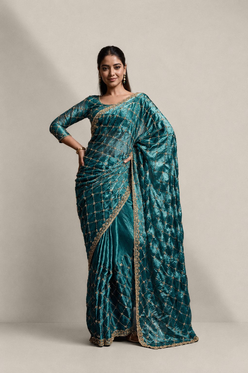 Teal Blue Organza Silk Saree with Hand Embroidery with Stitched Blouse