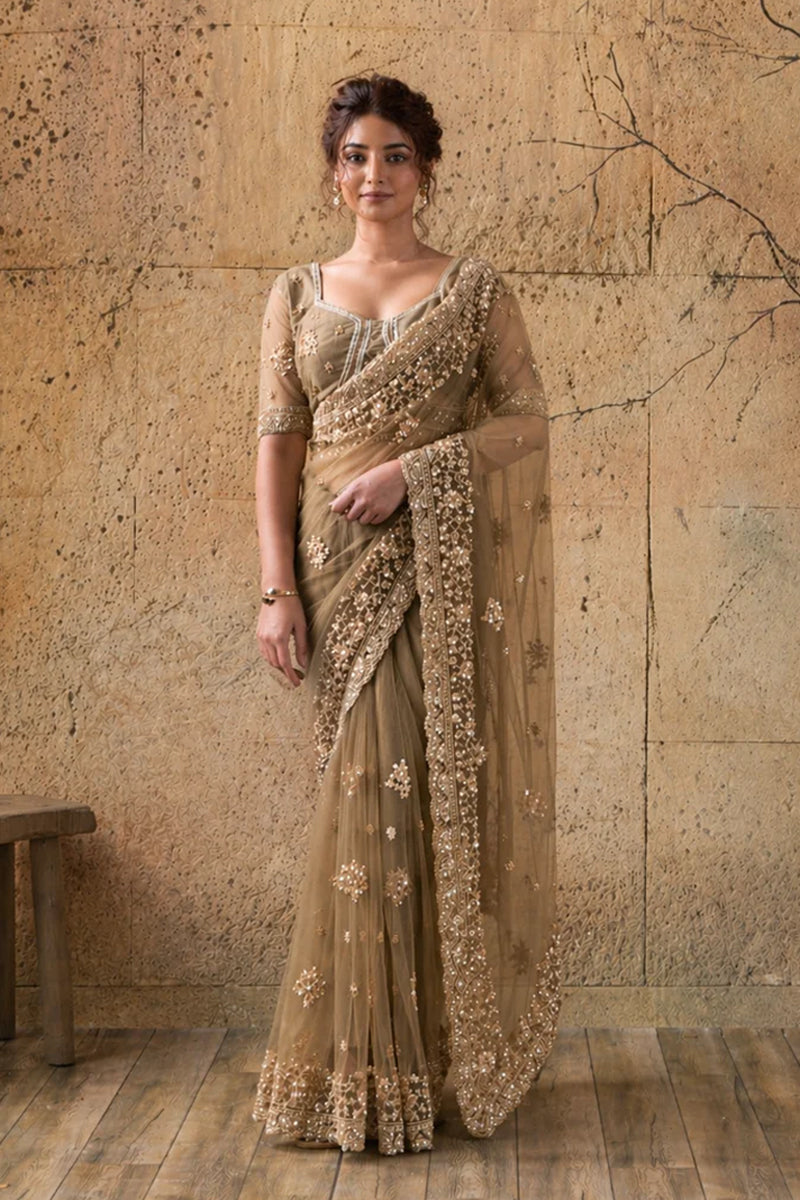 Dark Golden Net Saree with Hand Embroidery with Stitched Blouse