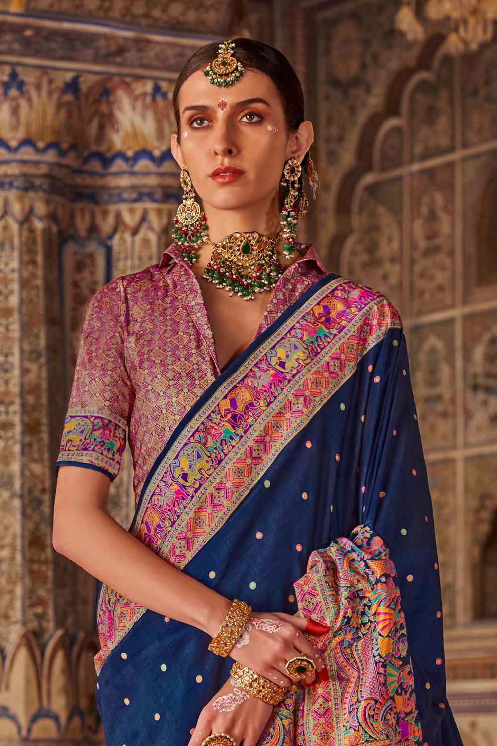 Dark Navy Blue Raw Silk Saree with Heritage Prints - Mayrake.in