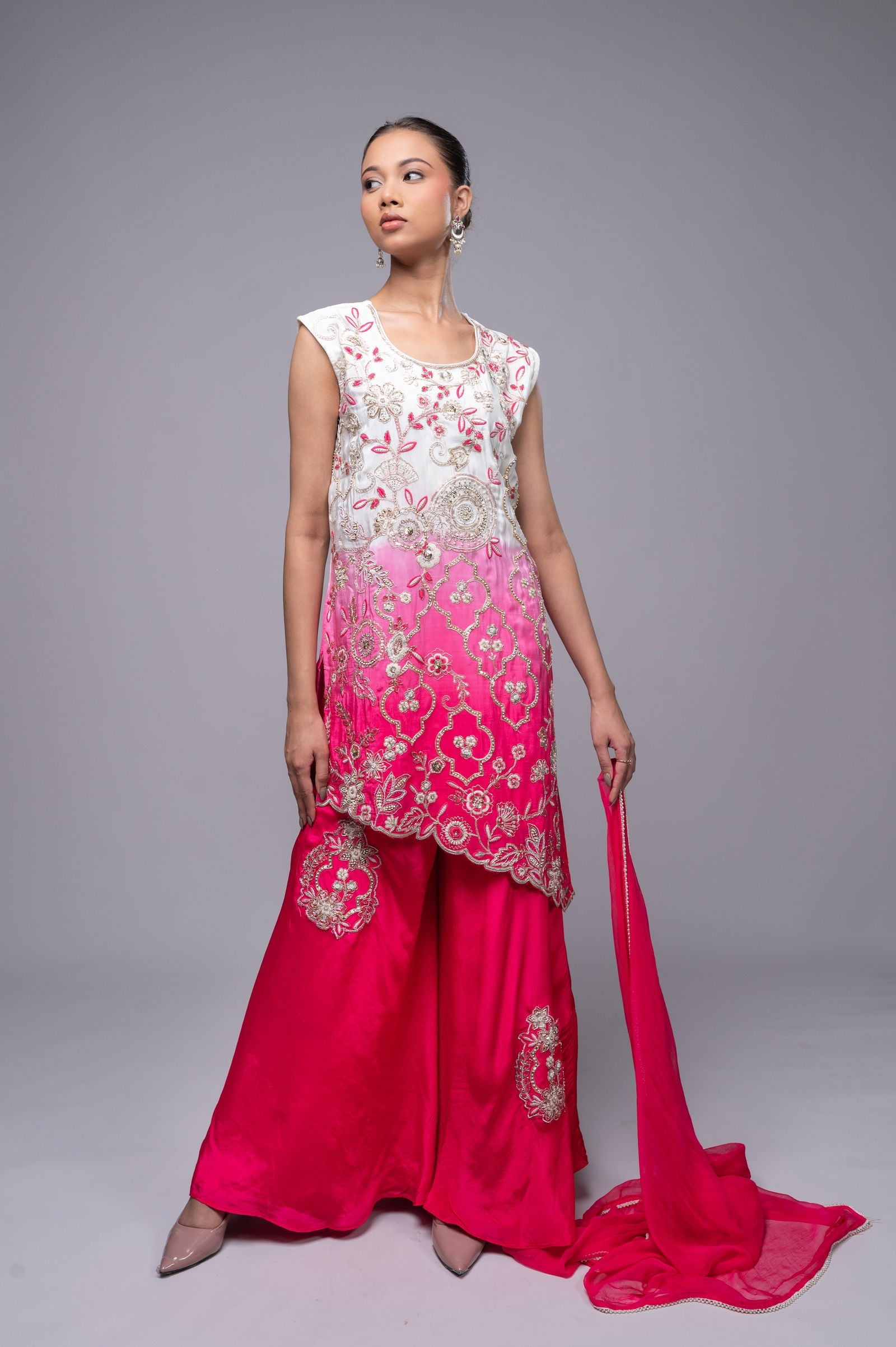 Dark Pink-Cream Shaded Crepe Palazzo Suit with Pearl Embroidered Work - Mayrake.in