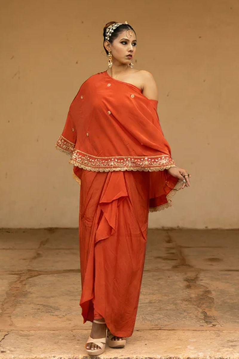 Orange Crepe Silk 3-Piece Indo-Western Dhoti Pattern Set with Top