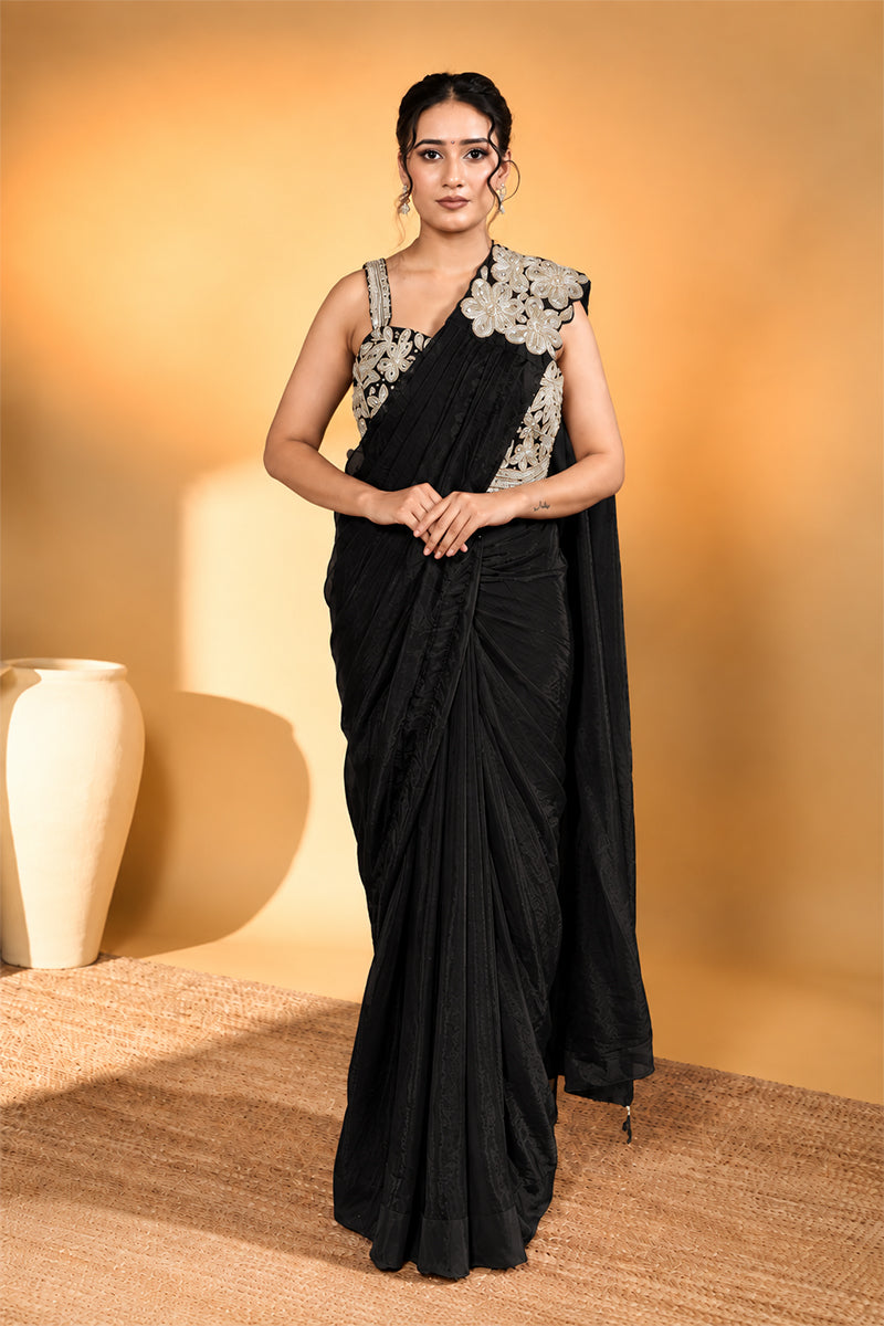 Black Lycra Pre-Draped Saree with Floral Embroidery