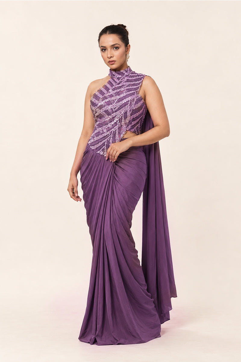 Purple Lycra Pre-Draped Saree with Sequin