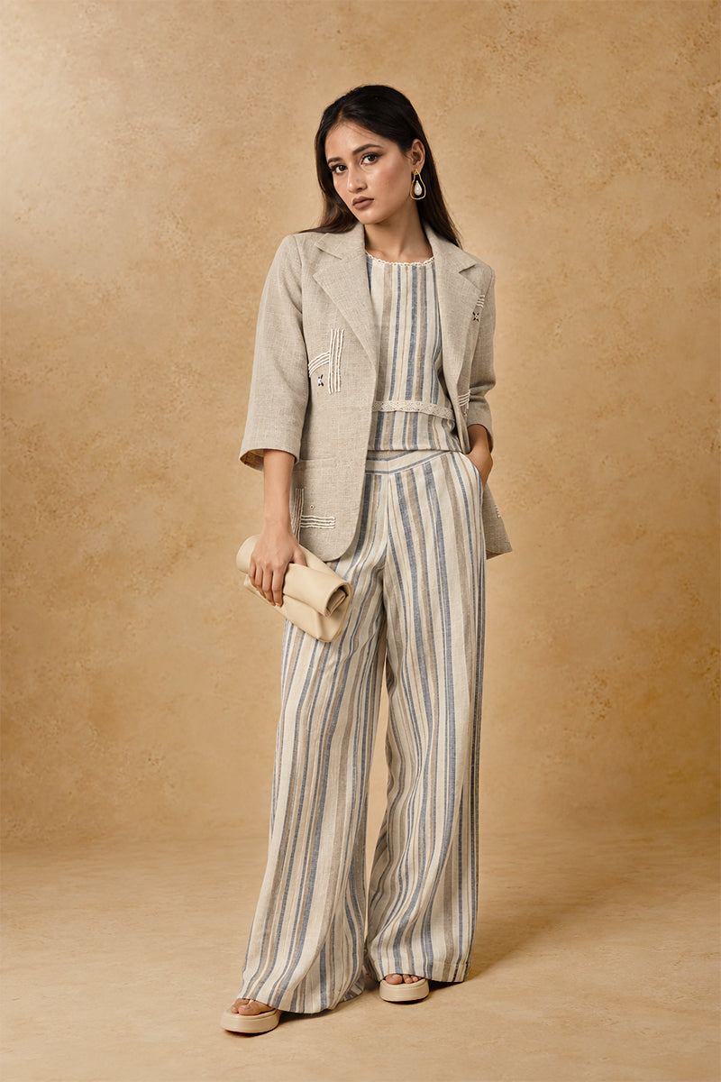 Ivory Linen Cotton Cord Set with Striped Pattern & Tailored Blazer