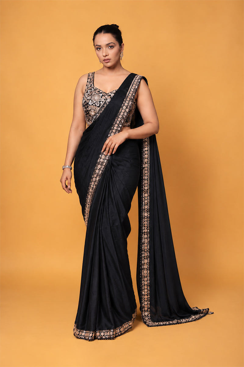 Black Lycra Pre-Draped Saree with Embroidered Border