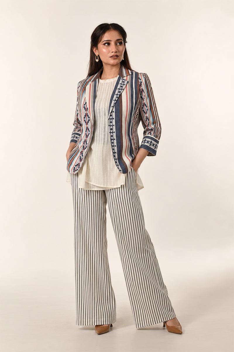 Beige Linen Cotton 3-Piece Co-Ord Set with Striped Jacket