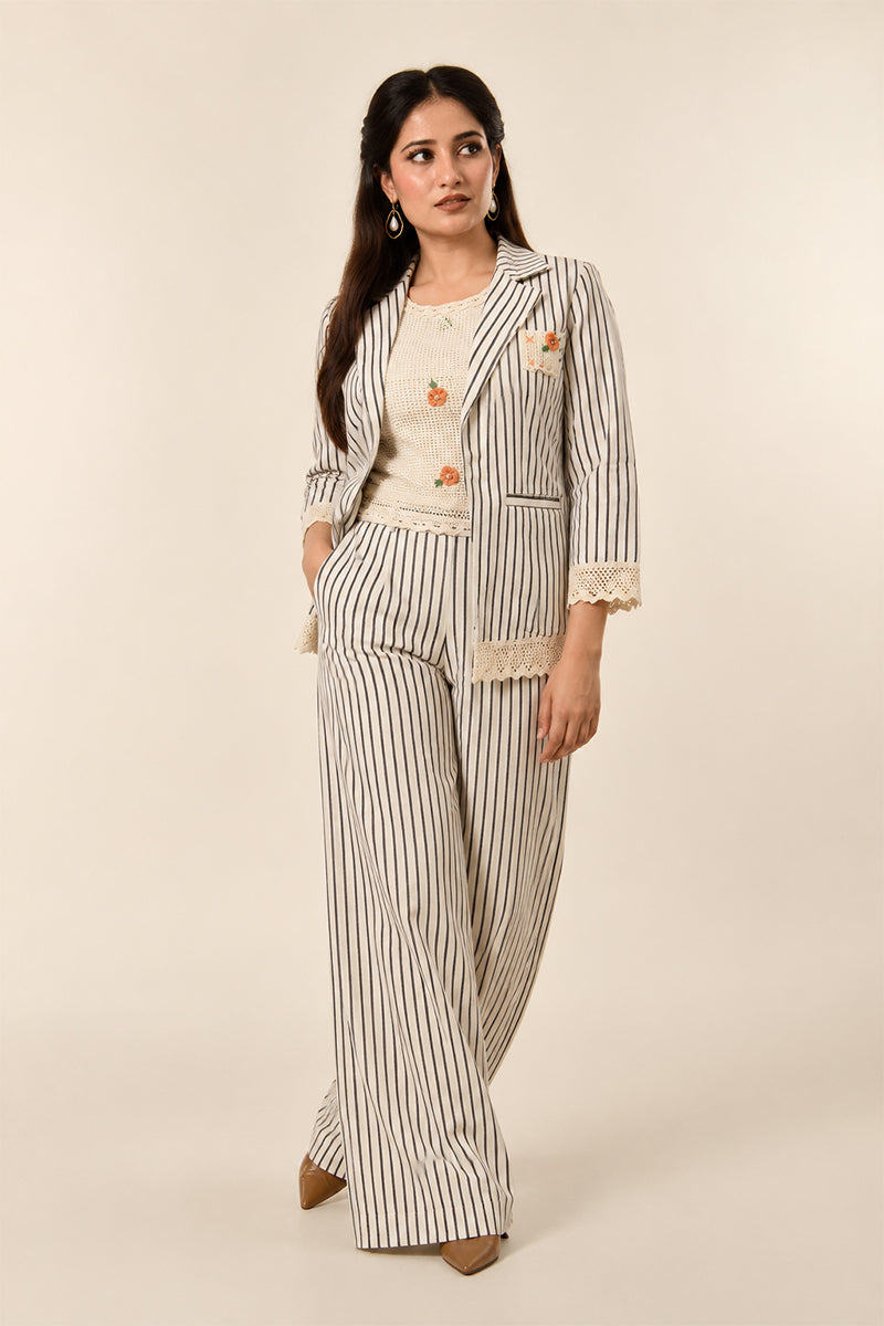 Ivory Cotton Linen Striped Cord Set with Embroidered Blazer & Wide-Leg Pants