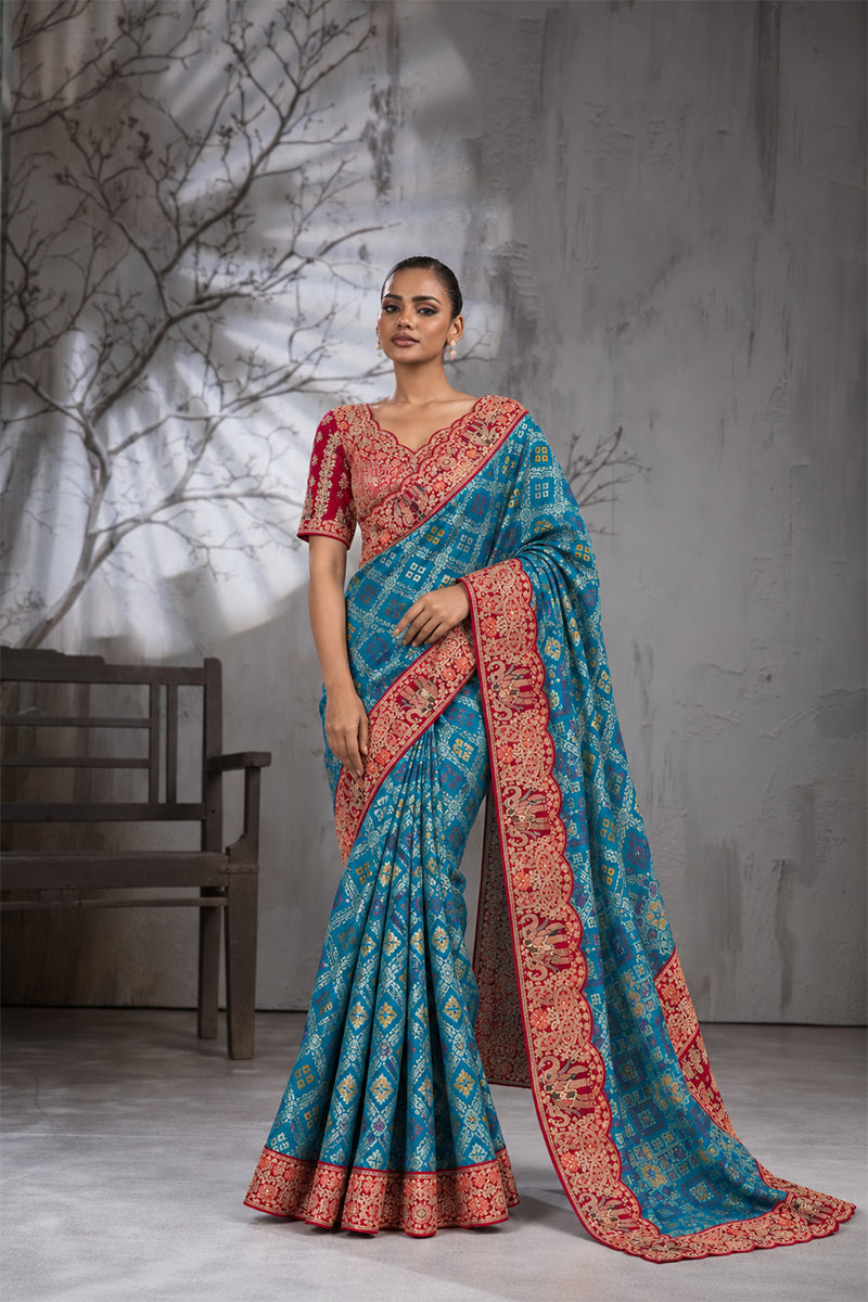 Blue Silk Saree with Bandhani Print | Two Blouse Concept