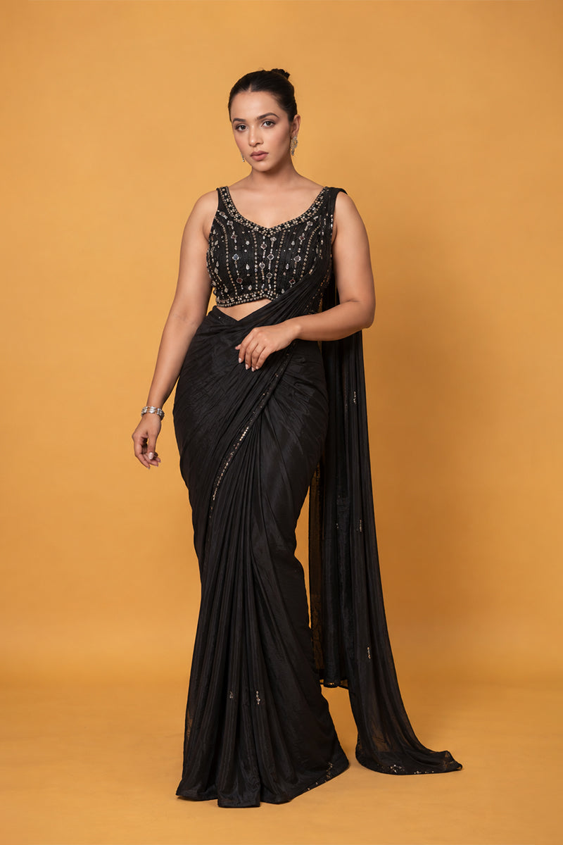Black Lycra Pre-Draped Saree with Sequin
