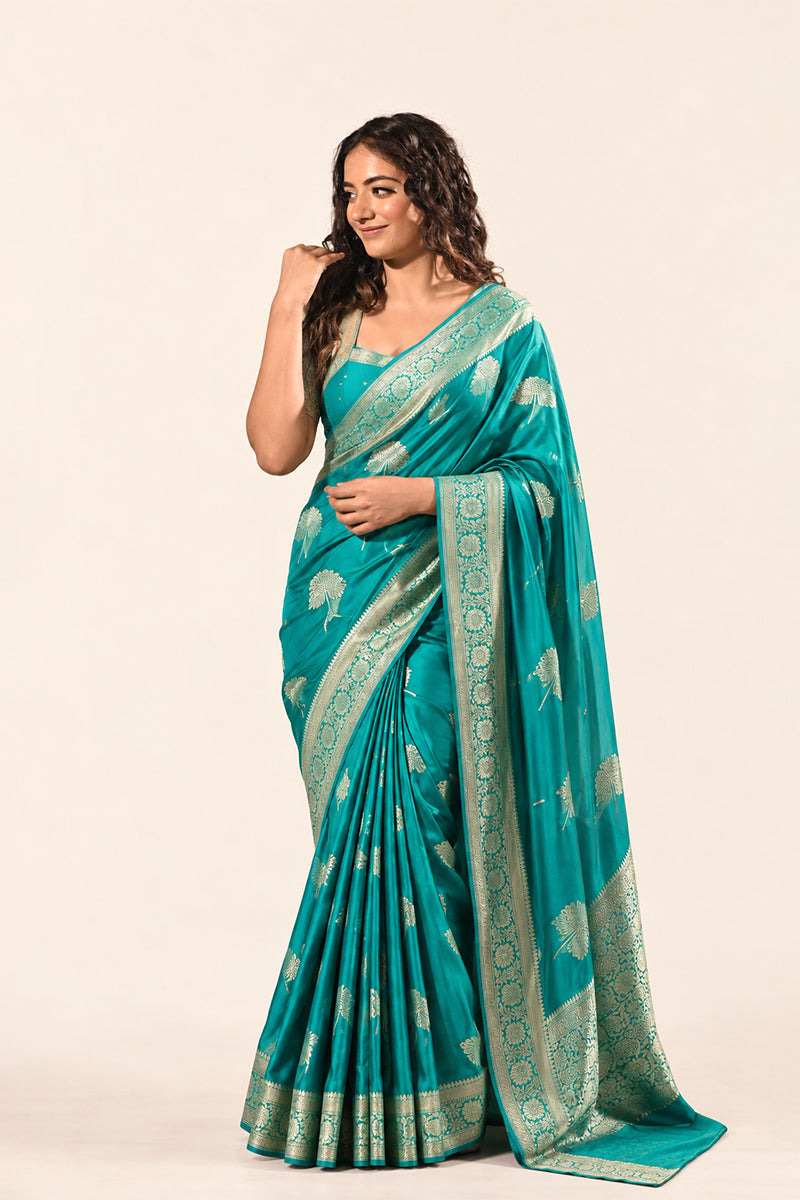 Teal Blue Sattin Mungha Silk Saree with banarasi border