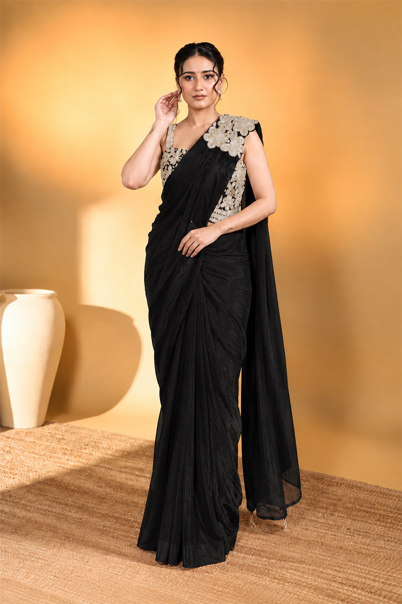 Black Lycra Pre-Draped Saree with Floral Embroidery