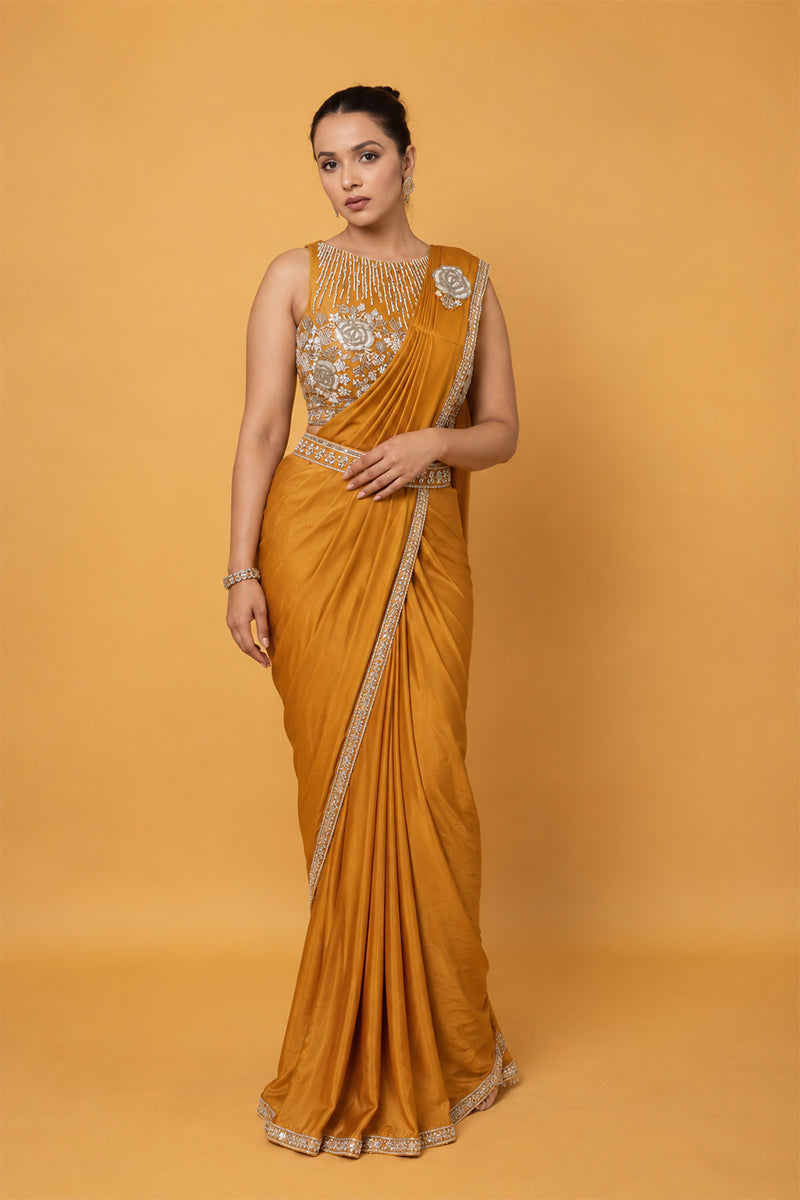 Mustard Yellow Satin Silk Pre-Draped Saree with Zari Work