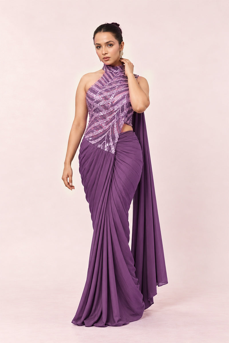 Purple Lycra Pre-Draped Saree with Sequin