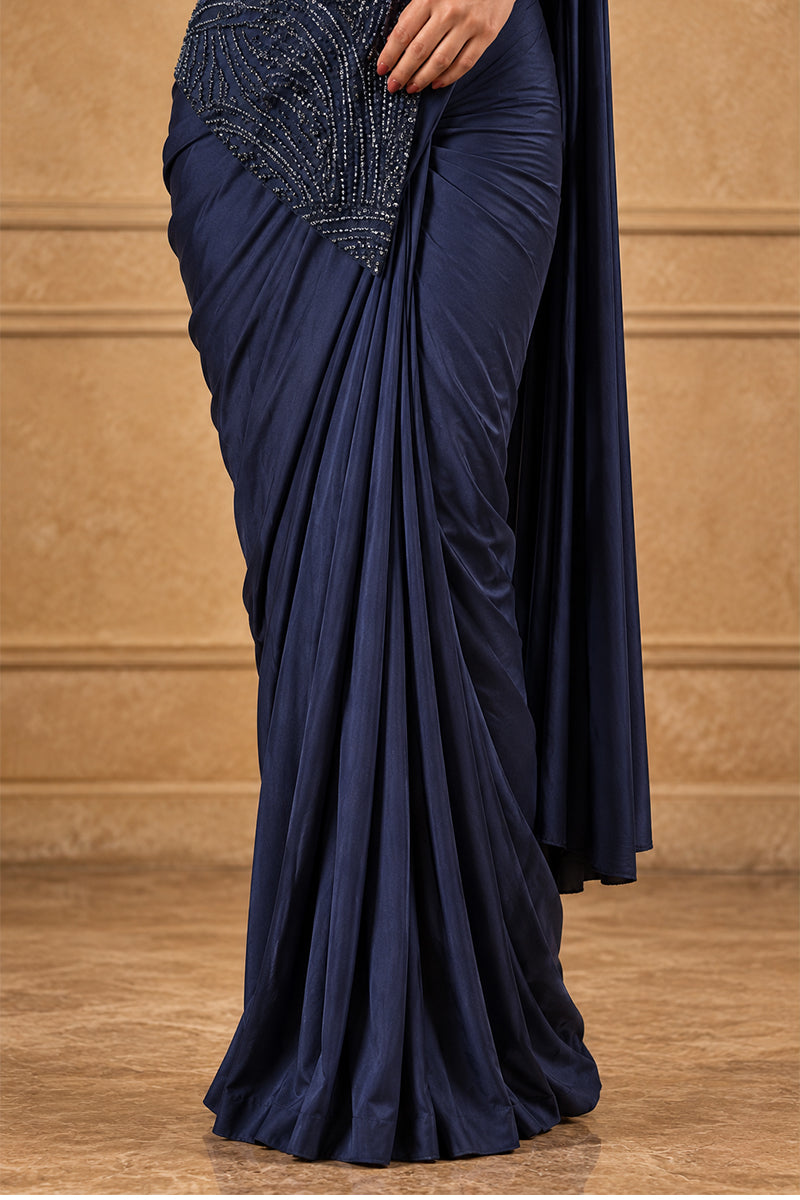 Navy Blue Lycra Pre-Draped Saree with Sequin Embroidered Blouse