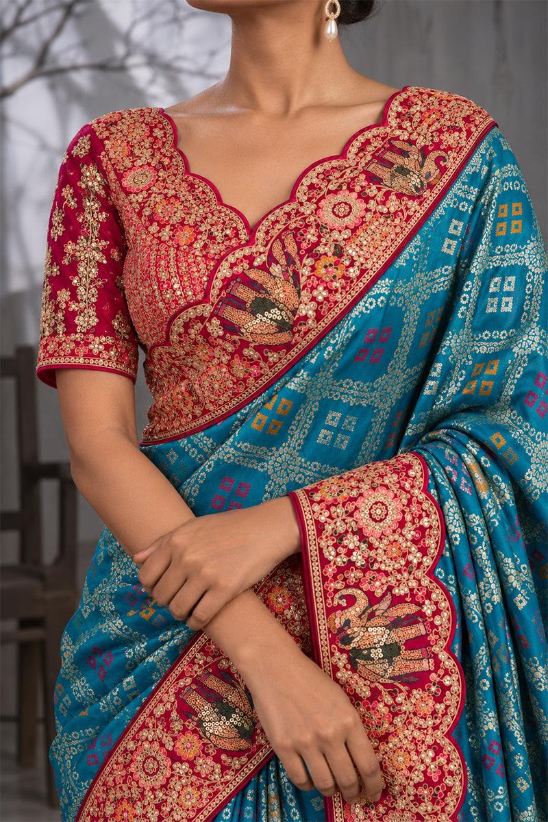 Blue Silk Saree with Bandhani Print | Two Blouse Concept