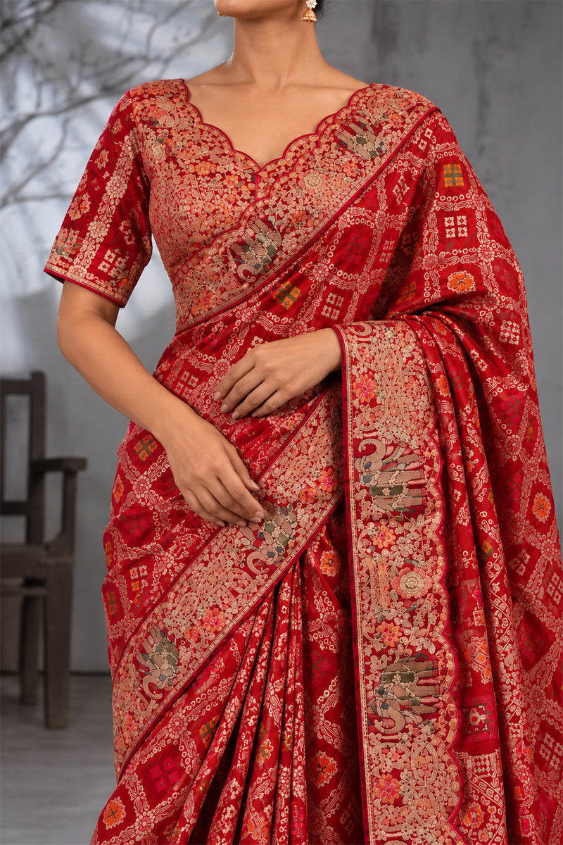 Red Silk Saree with Bandhani Print | Two Blouse Concept