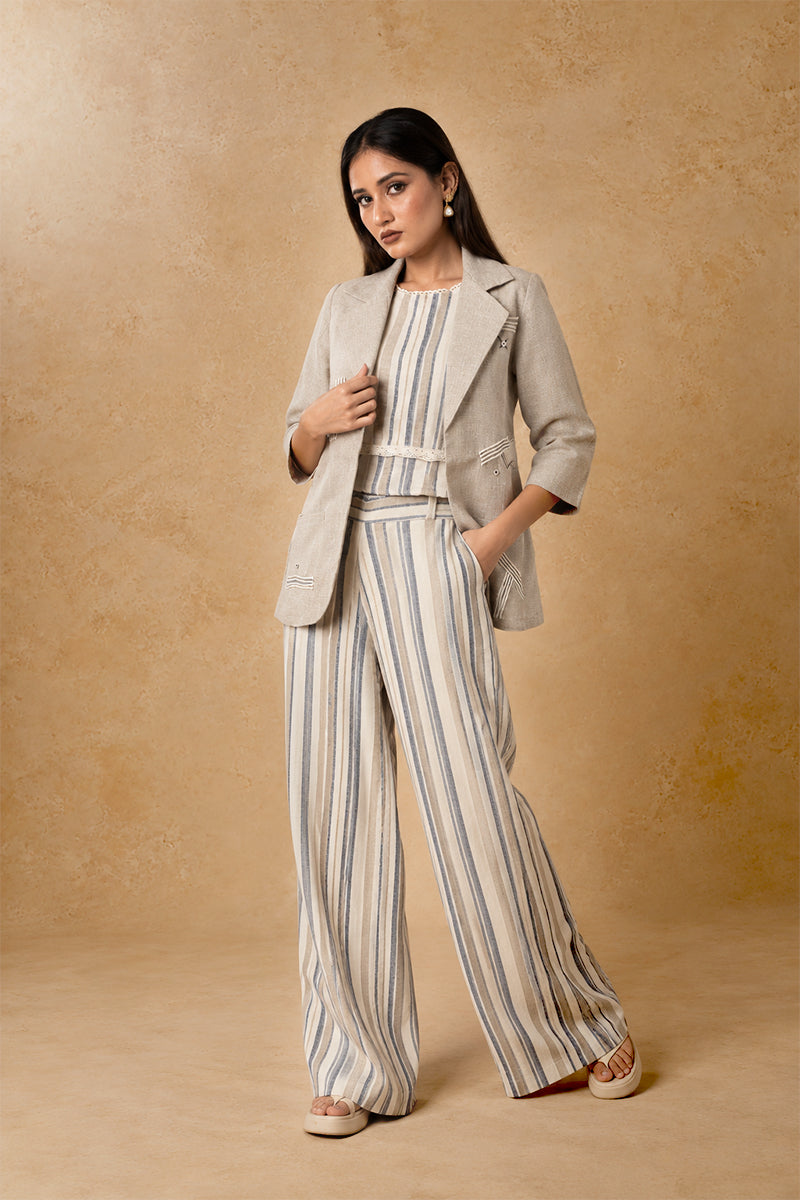 Ivory Linen Cotton Cord Set with Striped Pattern & Tailored Blazer