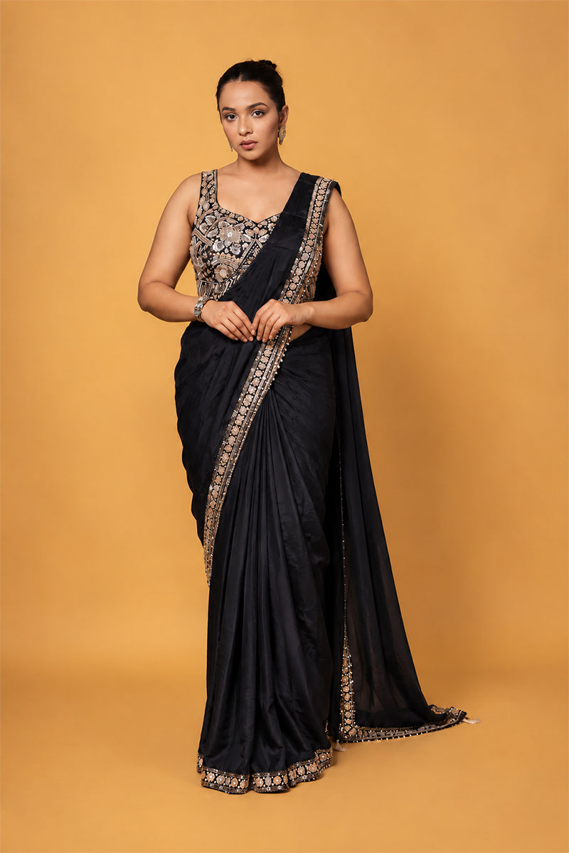 Black Lycra Pre-Draped Saree with Embroidered Border