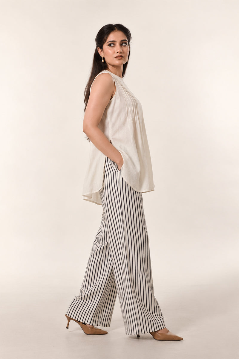 Beige Linen Cotton 3-Piece Co-Ord Set with Striped Jacket