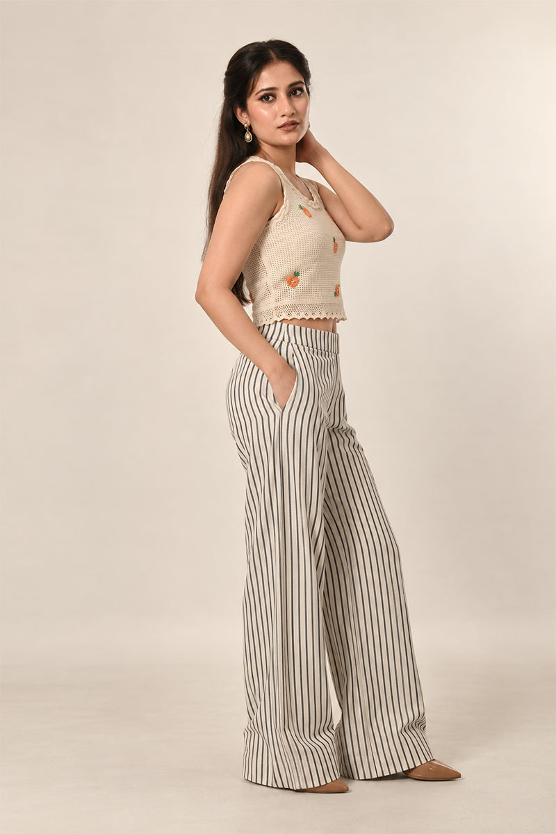 Ivory Cotton Linen Striped Cord Set with Embroidered Blazer & Wide-Leg Pants