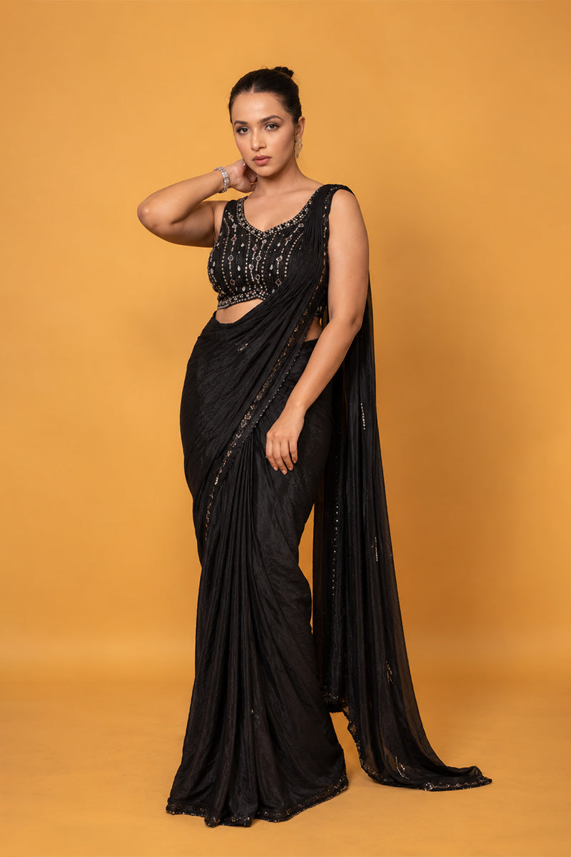 Black Lycra Pre-Draped Saree with Sequin