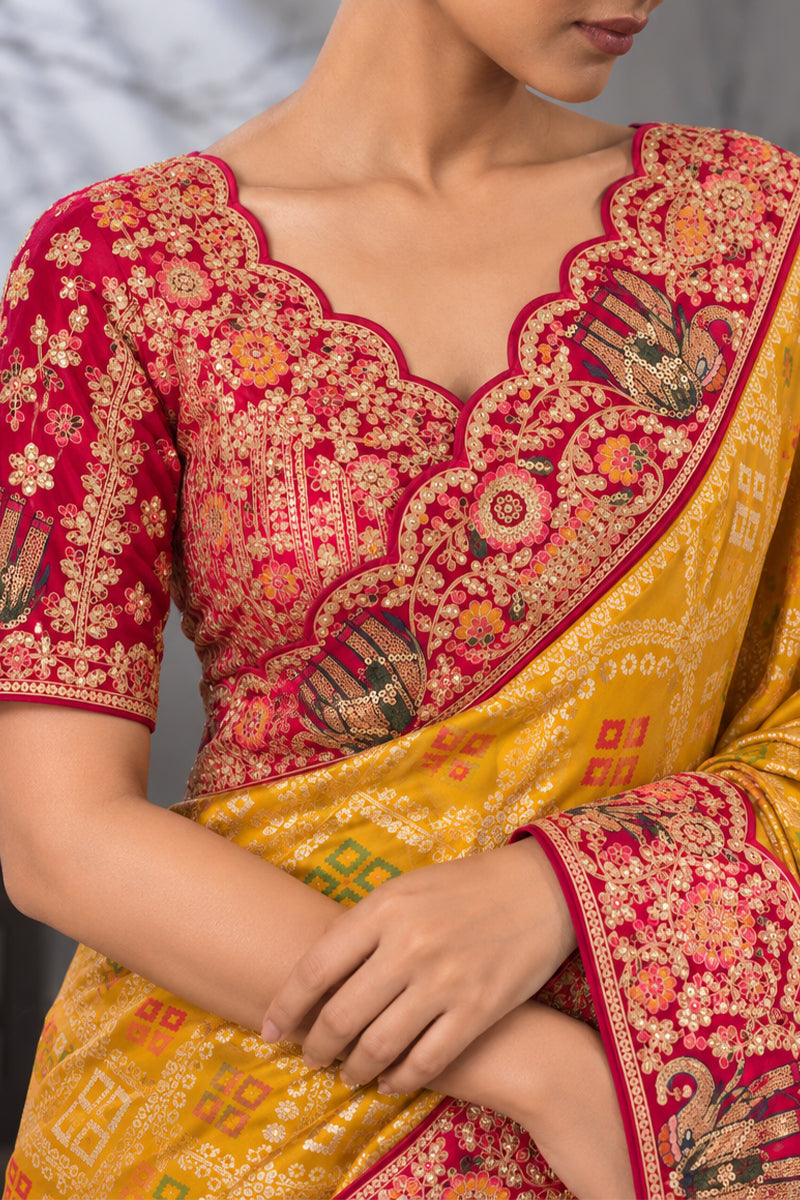 Yellow Silk Saree with Bandhani Print | Two Blouse Concept
