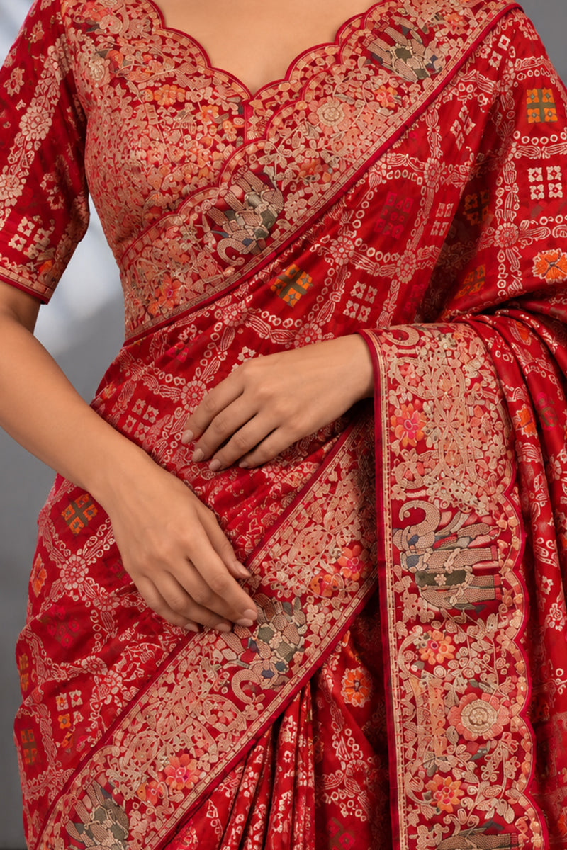 Red Silk Saree with Bandhani Print | Two Blouse Concept