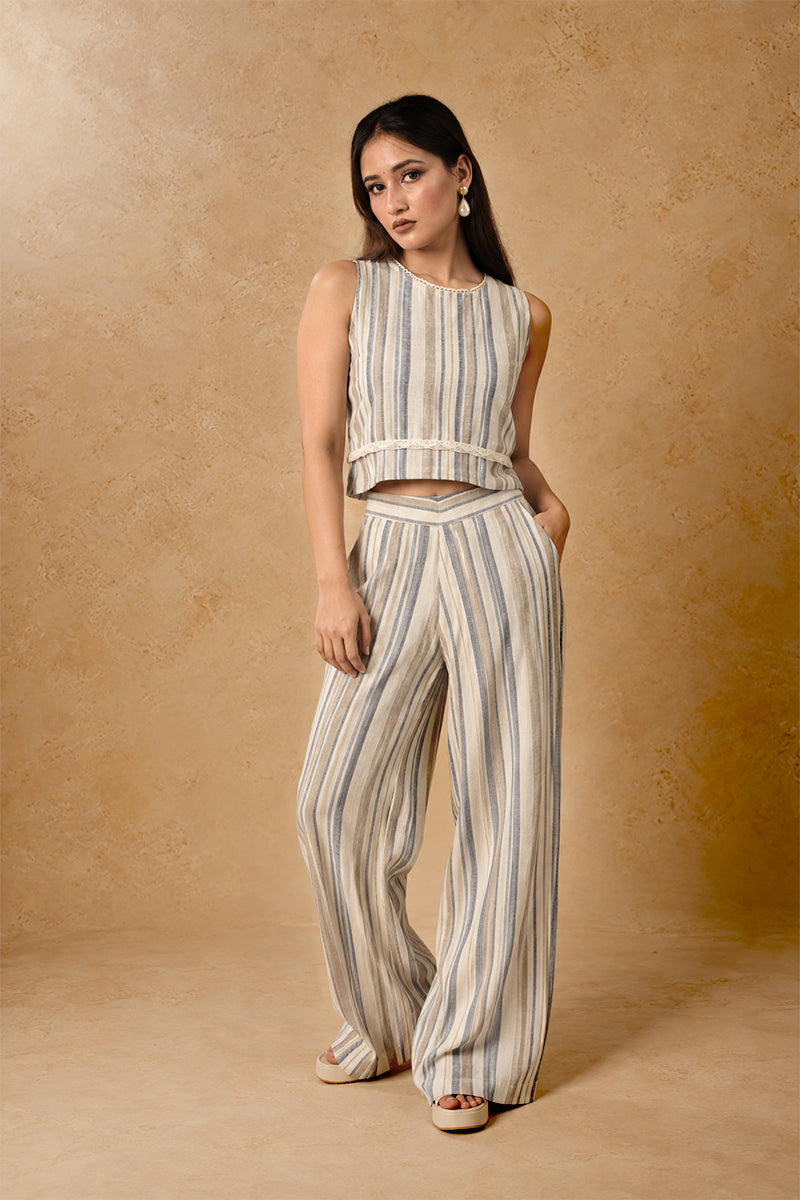 Ivory Linen Cotton Cord Set with Striped Pattern & Tailored Blazer