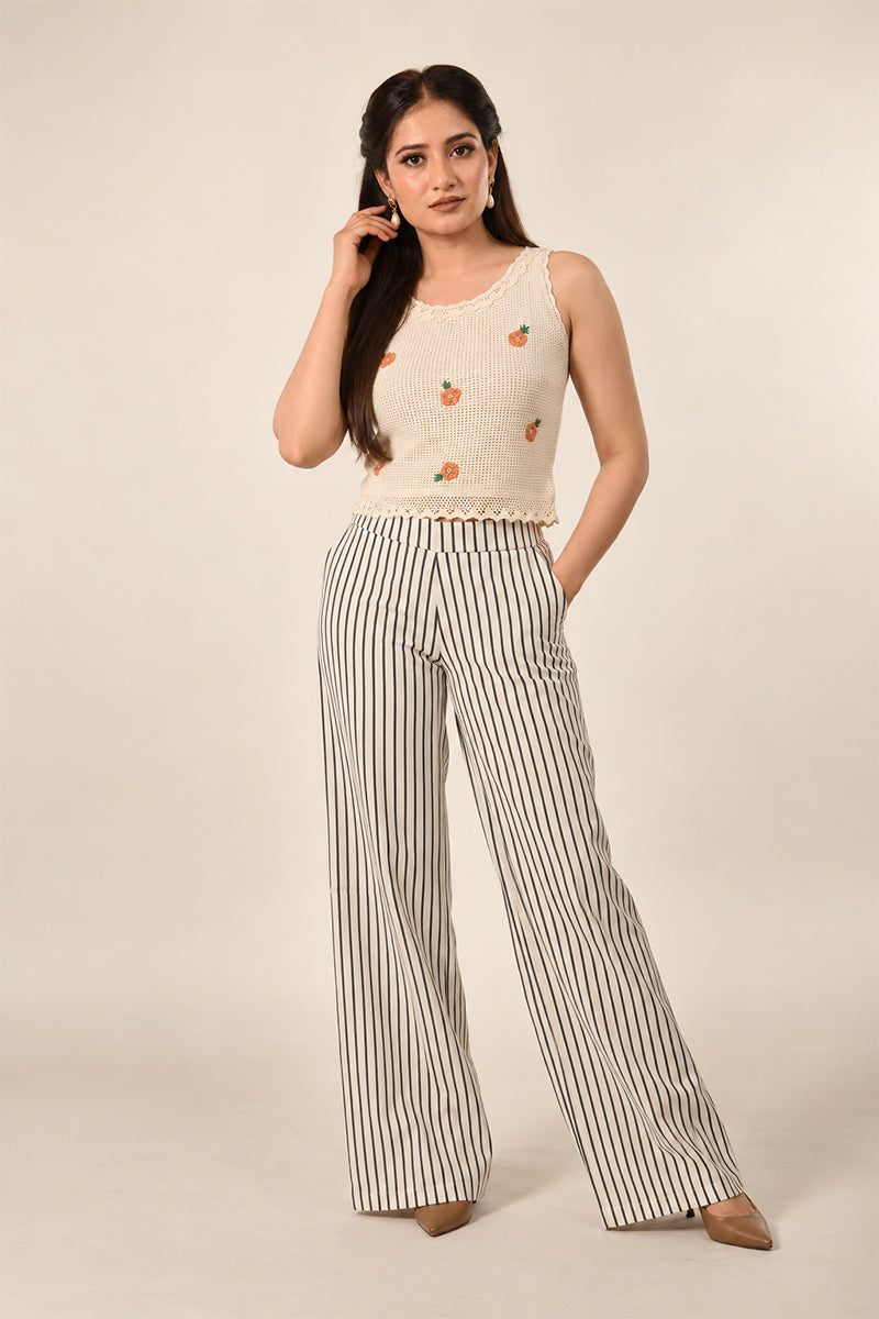 Ivory Cotton Linen Striped Cord Set with Embroidered Blazer & Wide-Leg Pants