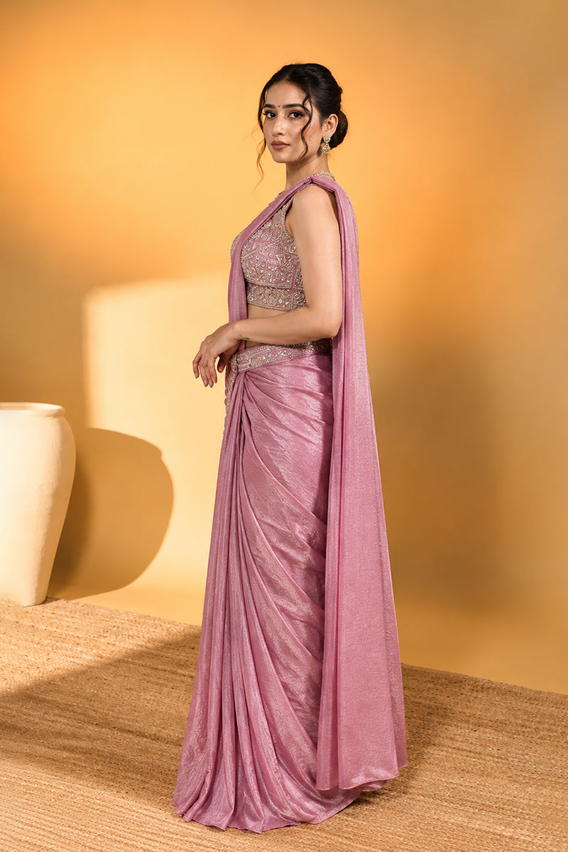 Rose Pink Lycra Pre-Draped Saree with Ready to Wear Blouse