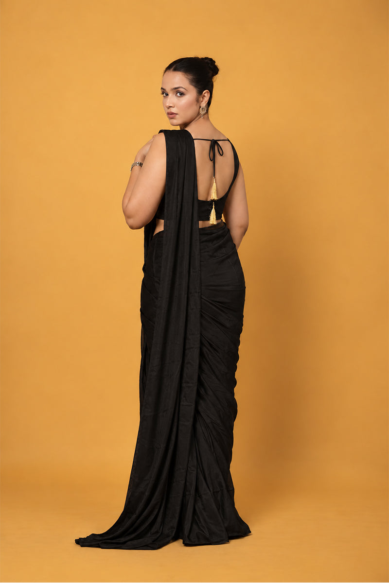 Black Lycra Pre-Draped Saree with Sequin