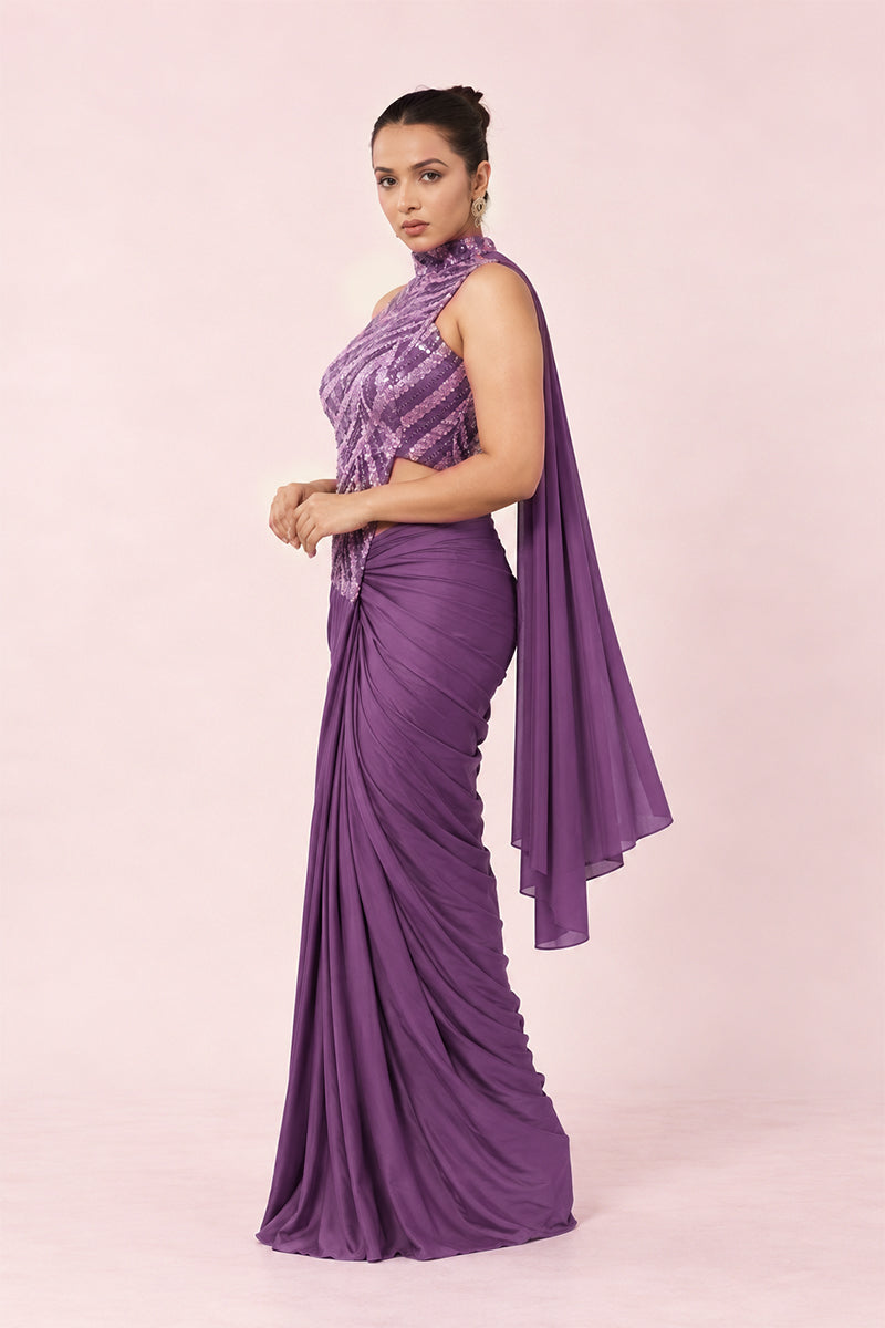 Purple Lycra Pre-Draped Saree with Sequin