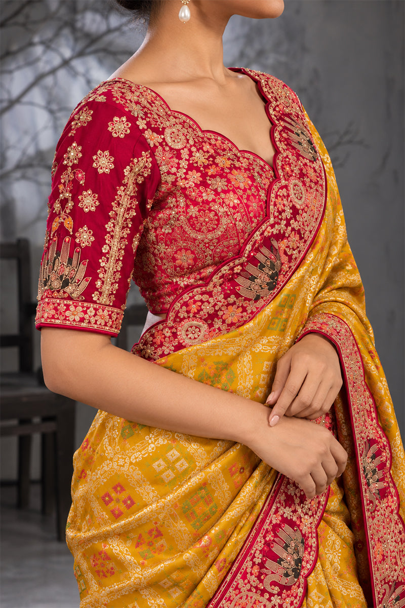 Yellow Silk Saree with Bandhani Print | Two Blouse Concept