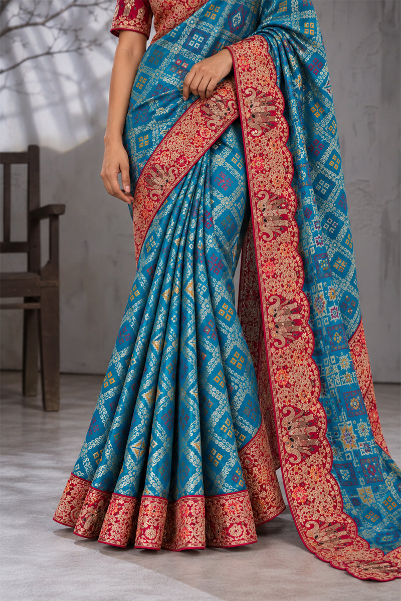 Blue Silk Saree with Bandhani Print | Two Blouse Concept