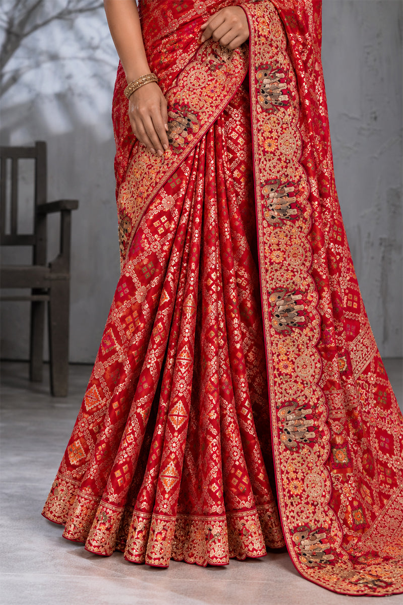Red Silk Saree with Bandhani Print | Two Blouse Concept