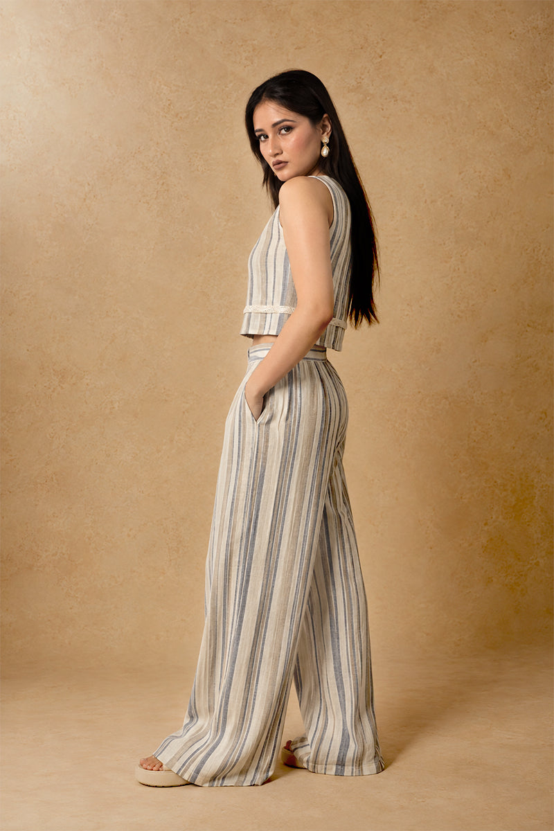 Ivory Linen Cotton Cord Set with Striped Pattern & Tailored Blazer