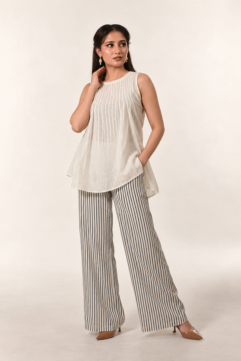 Beige Linen Cotton 3-Piece Co-Ord Set with Striped Jacket