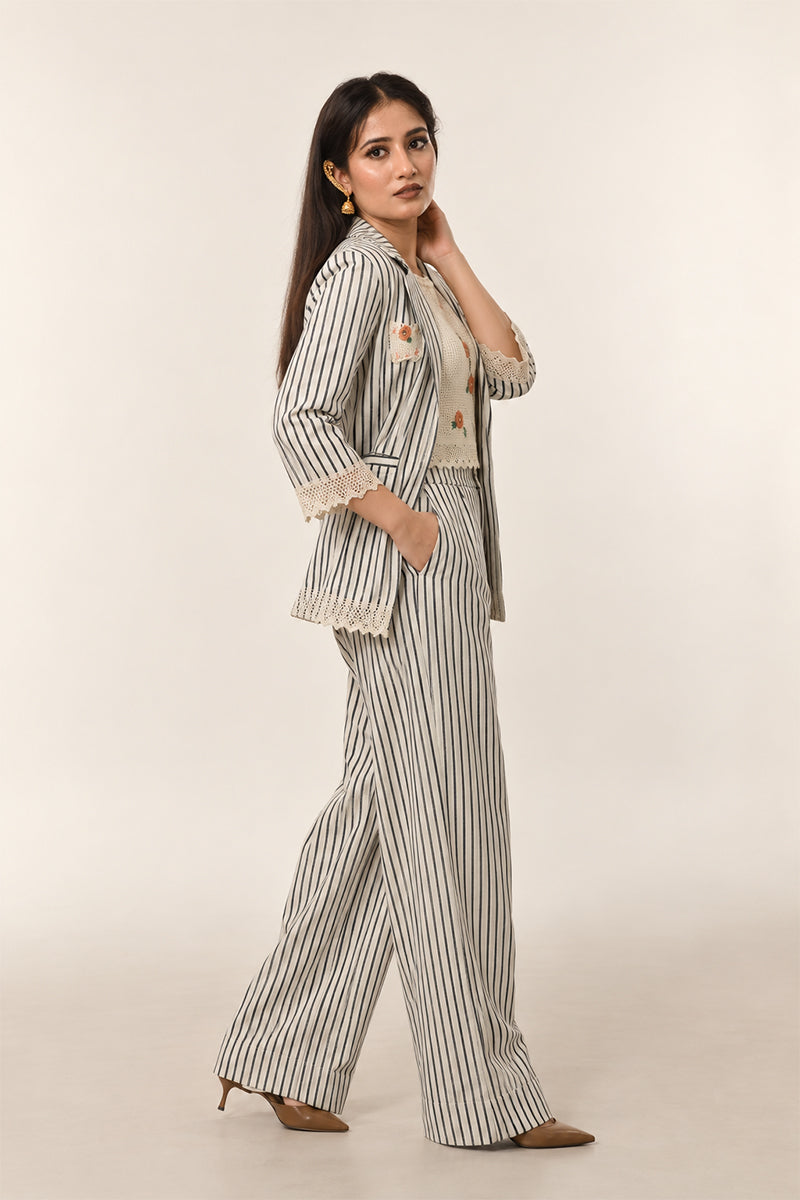 Ivory Cotton Linen Striped Cord Set with Embroidered Blazer & Wide-Leg Pants