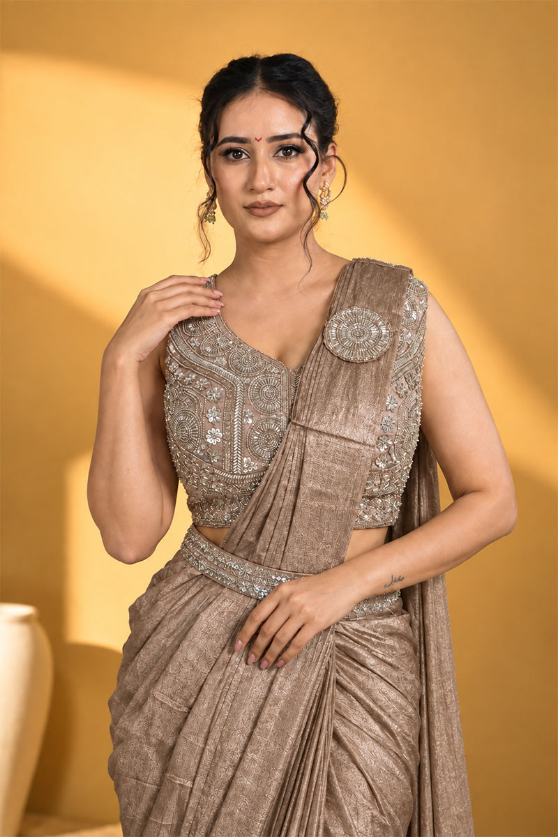 Mocha Brown Lycra Pre-Draped Saree with Ready to Wear Blouse