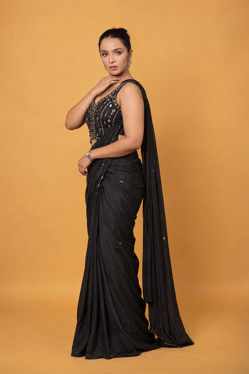 Black Lycra Pre-Draped Saree with Sequin