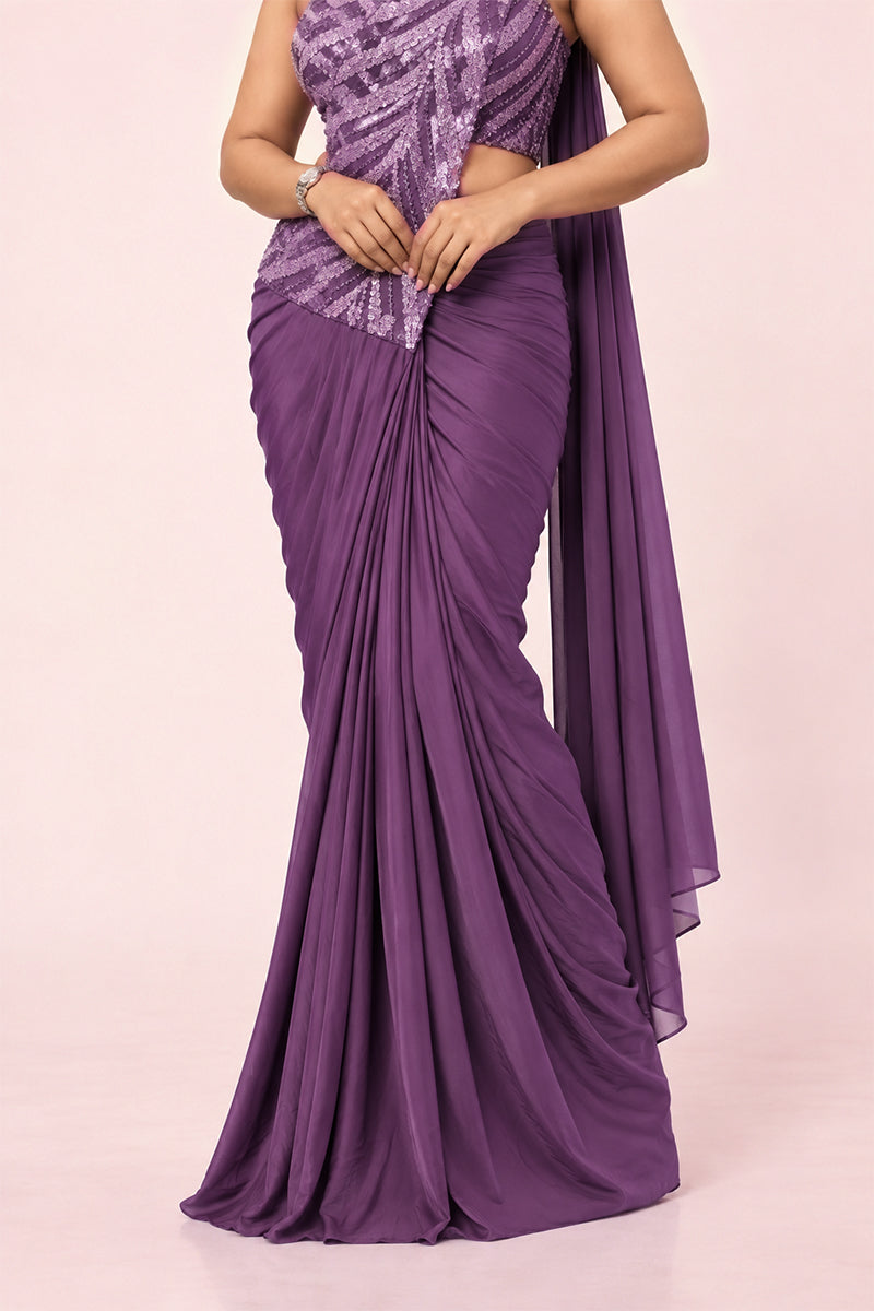 Purple Lycra Pre-Draped Saree with Sequin