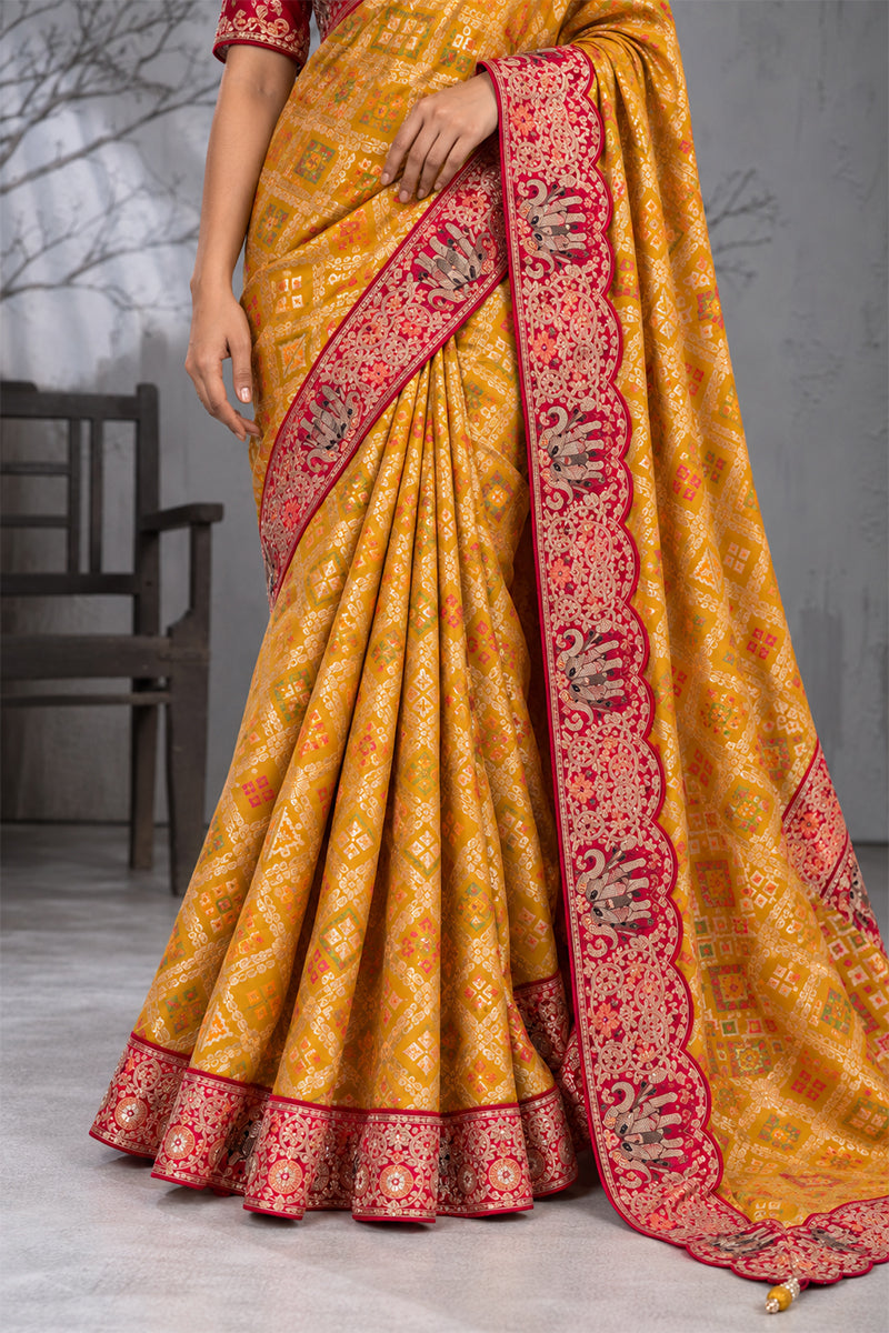 Yellow Silk Saree with Bandhani Print | Two Blouse Concept