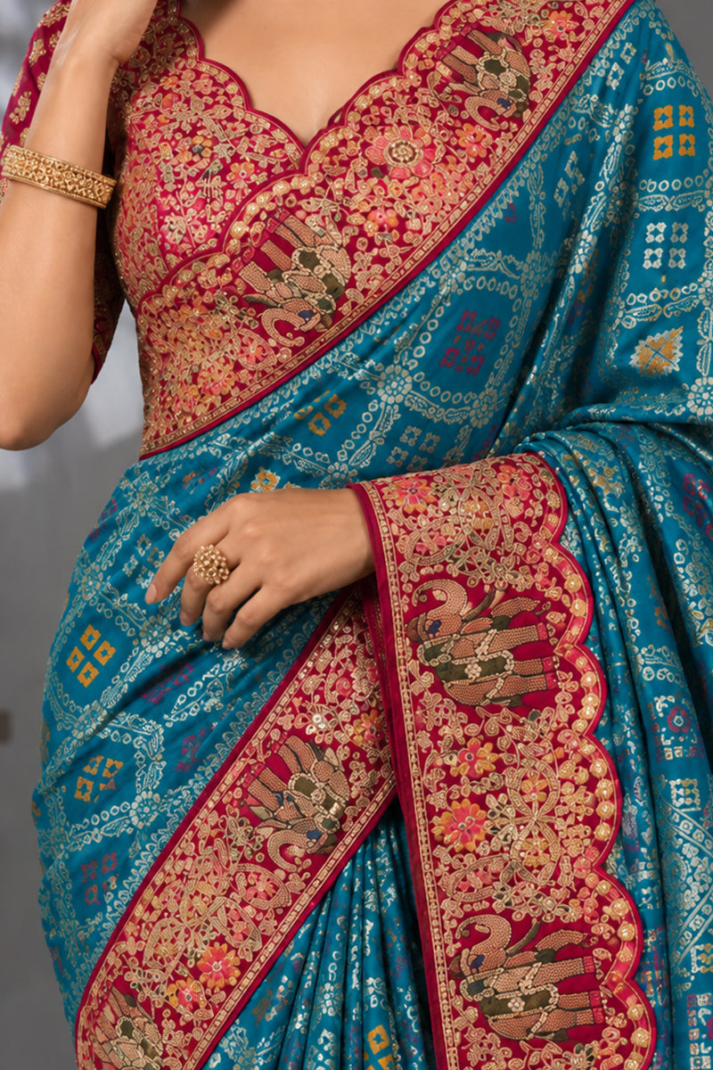 Blue Silk Saree with Bandhani Print | Two Blouse Concept
