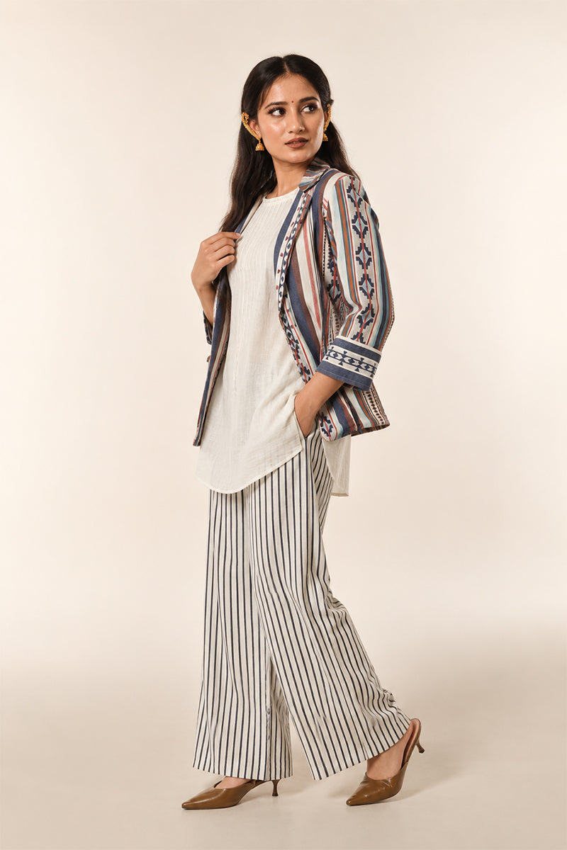Beige Linen Cotton 3-Piece Co-Ord Set with Striped Jacket