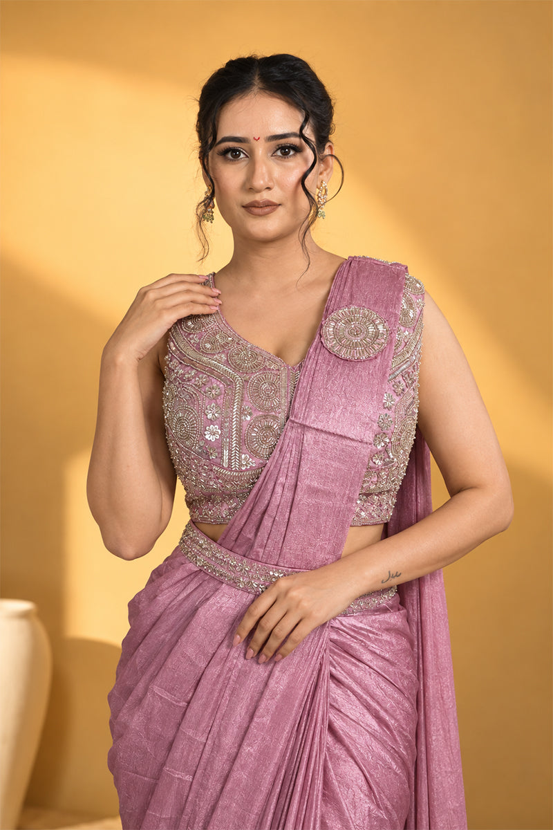 Rose Pink Lycra Pre-Draped Saree with Ready to Wear Blouse