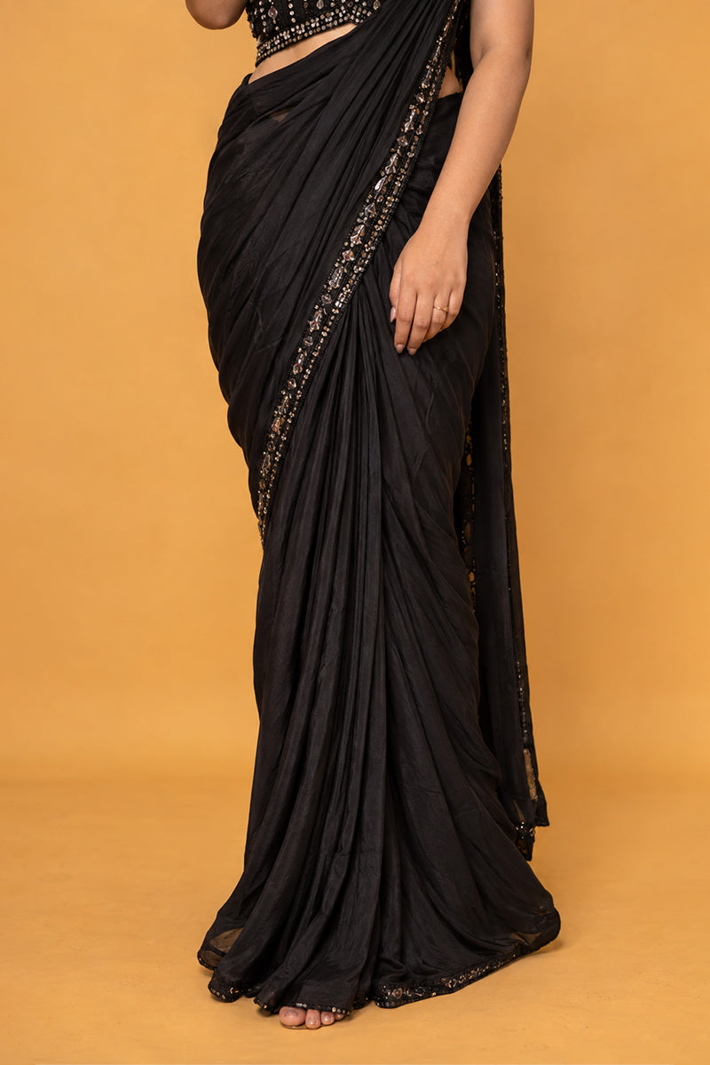 Black Lycra Pre-Draped Saree with Sequin