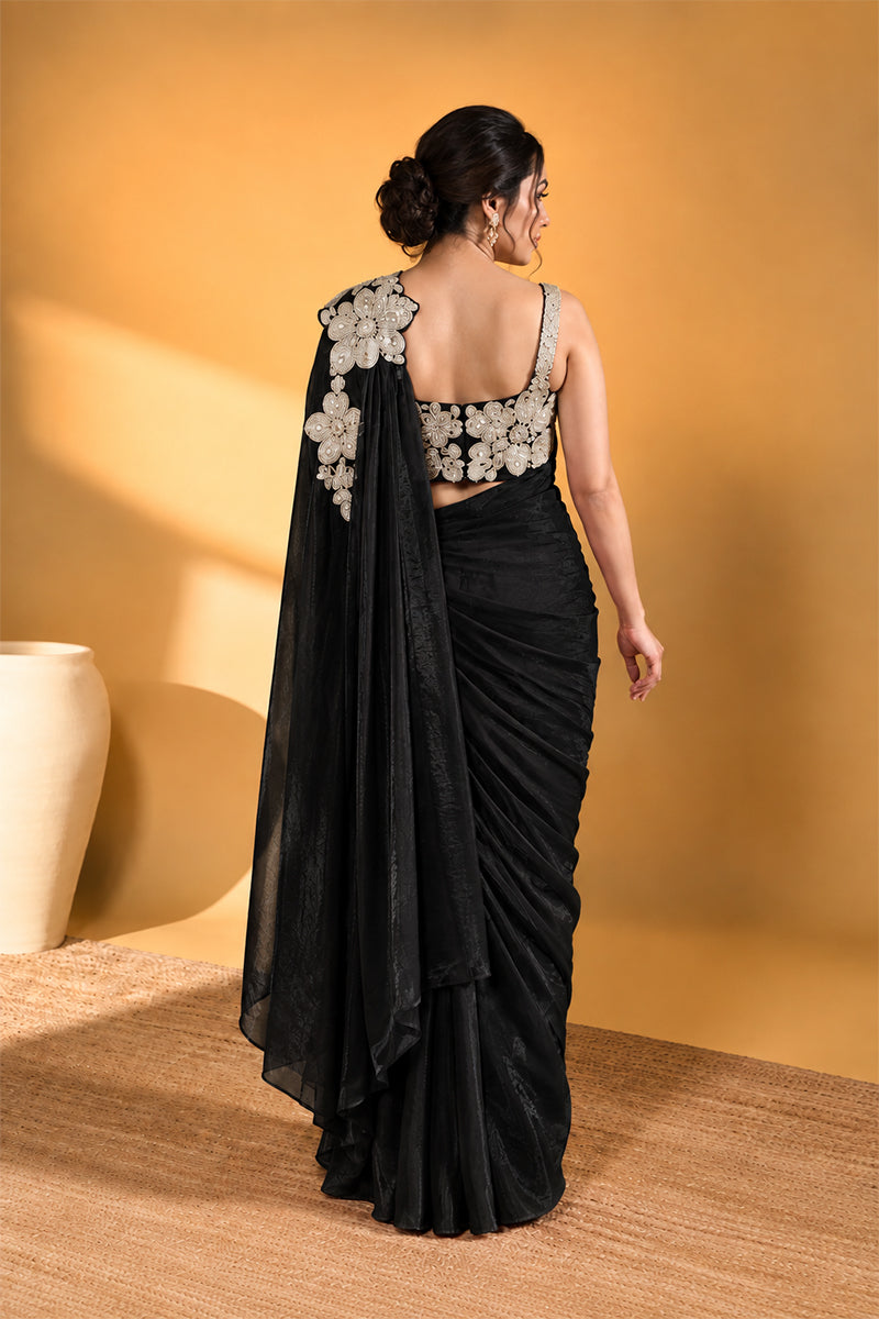Black Lycra Pre-Draped Saree with Floral Embroidery
