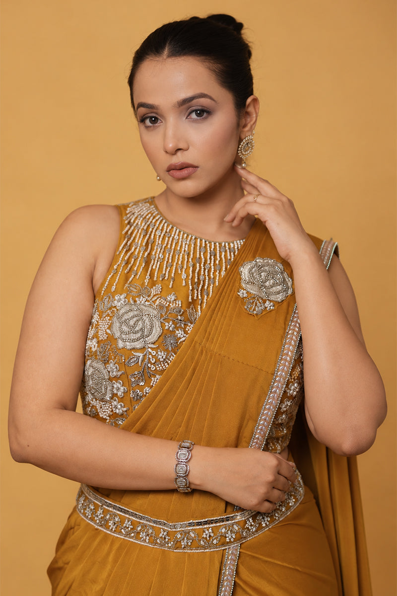 Mustard Yellow Satin Silk Pre-Draped Saree with Zari Work