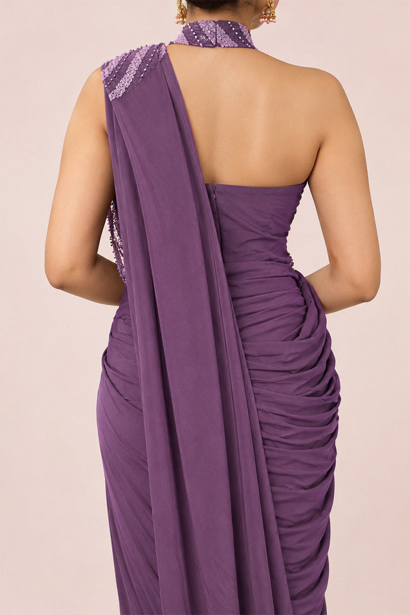 Purple Lycra Pre-Draped Saree with Sequin