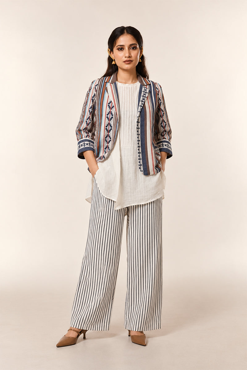 Beige Linen Cotton 3-Piece Co-Ord Set with Striped Jacket